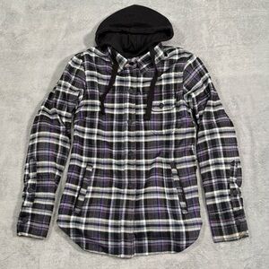 Street & Steel Armored Womens Hooded Flannel Jacket S Black Purple Plaid Moto